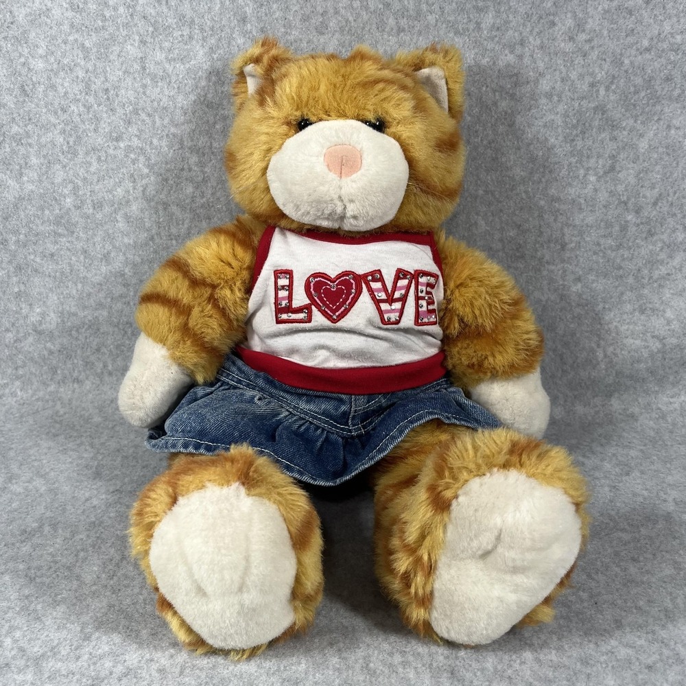 Build-A-Bear Workshop Orange Tabby Cat Plush Outfit LOVE Shirt Denim Skirt Toy